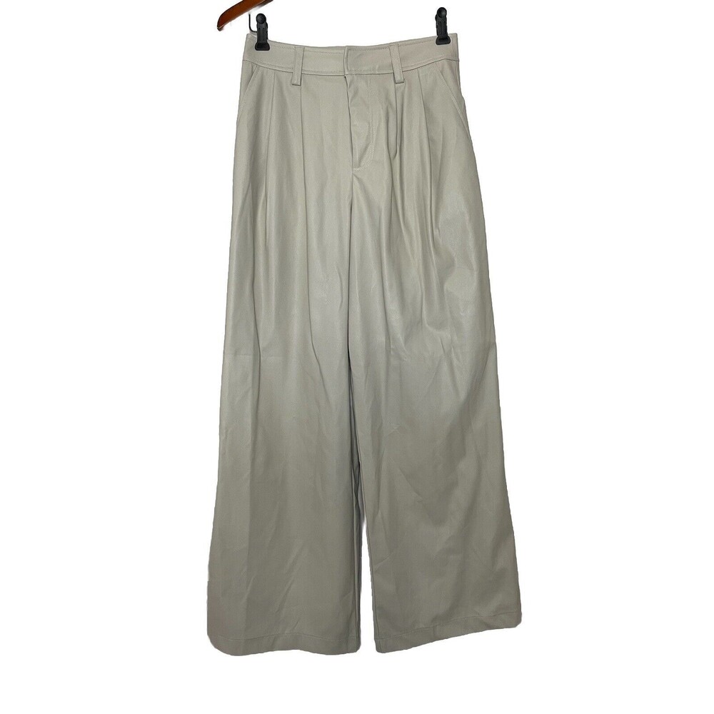 Asos Design Women's 4 High Rise Faux Leather Beige Wide Leg Pants Pleated